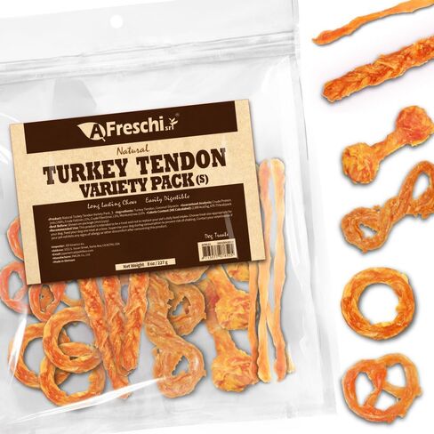 A Freschi srl Turkey Tendons for Dogs, USA-Sourced Human Grade, Rawhide-Free Long-Lasting Puppy Chews, All Natural Hypoallergenic Dog Treats for Small Breeds, 8 oz Pack Variety (S) in Kuwait