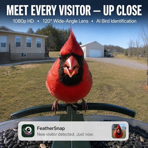 وحدة تغذية الطيور الذكية من FeatherSnap مع الكاميرا - تعمل بالطاقة الشمسية، ومعرف الطيور بالذكاء الاصطناعي، ورؤية ليلية عالية الدقة 1080 بكسل - تتضمن عمود تثبيت - وحدة تغذية الطيور مع عمود in Kuwait