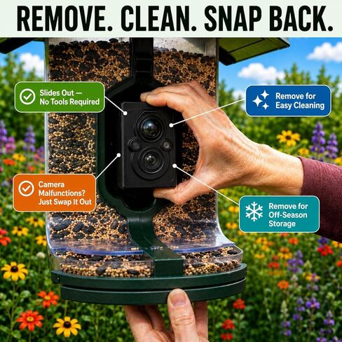 وحدة تغذية الطيور الذكية من FeatherSnap مع الكاميرا - تعمل بالطاقة الشمسية، ومعرف الطيور بالذكاء الاصطناعي، ورؤية ليلية عالية الدقة 1080 بكسل - تتضمن عمود تثبيت - وحدة تغذية الطيور مع عمود in Kuwait