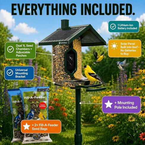 Feathersnap Smart Birdfeeder with AI Identification and Wi-Fi Solar Powered, Captures HD Pictures and Videos Sent Directly to Your Phone (Bird Feeder, Pole, & Starter Kit) in Kuwait