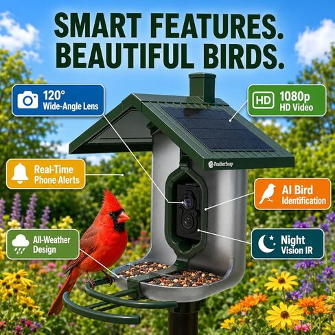 Feathersnap Smart Birdfeeder with AI Identification and Wi-Fi Solar Powered, Captures HD Pictures and Videos Sent Directly to Your Phone (Bird Feeder, Pole, & Starter Kit) in Kuwait