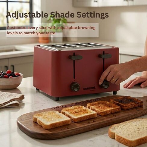 Courant 4 -Slice Toaster Cool Touch with Extra Wide Slots For Bread, Bagels & Waffle with 6 Adjustable Shade Settings, CrumbTray & Cancel Function Extra-Lift Feature, compact Design – Red in Kuwait