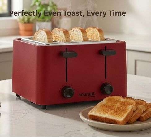 Courant 4 -Slice Toaster Cool Touch with Extra Wide Slots For Bread, Bagels & Waffle with 6 Adjustable Shade Settings, CrumbTray & Cancel Function Extra-Lift Feature, compact Design – Red in Kuwait