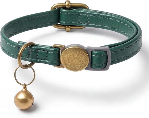Leather Cat Collar, Green Cat Collar Breakaway Small Buckle Cat-Collar with Bell Adjustable Kitten-Collar Durable, Retro Bell Fit Most Cats and Kittens, Dark Green in Kuwait