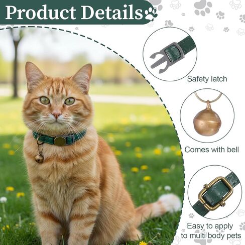 Leather Cat Collar, Green Cat Collar Breakaway Small Buckle Cat-Collar with Bell Adjustable Kitten-Collar Durable, Retro Bell Fit Most Cats and Kittens, Dark Green in Kuwait