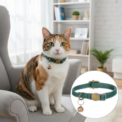 Leather Cat Collar, Green Cat Collar Breakaway Small Buckle Cat-Collar with Bell Adjustable Kitten-Collar Durable, Retro Bell Fit Most Cats and Kittens, Dark Green in Kuwait