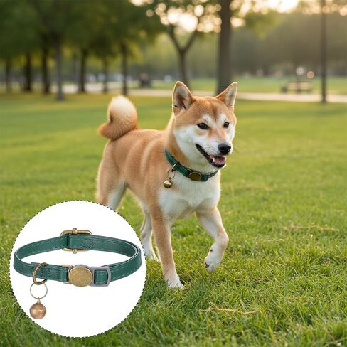 Leather Cat Collar, Green Cat Collar Breakaway Small Buckle Cat-Collar with Bell Adjustable Kitten-Collar Durable, Retro Bell Fit Most Cats and Kittens, Dark Green in Kuwait