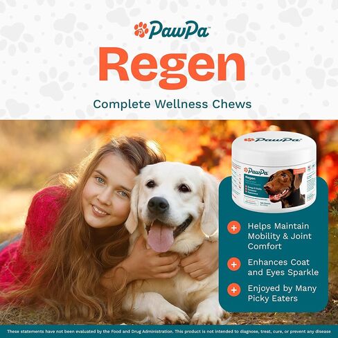 PawPa Regen، 120 قطعة مضغ موصى بها من قبل الأطباء البيطريين، مكمل للخلايا الجذعية المتجددة للكلاب الكبيرة، يدعم الحركة، والمظهر، واليقظة، والورك والمفاصل، ومضغ بنكهة لحم البقر اللذيذ in Kuwait