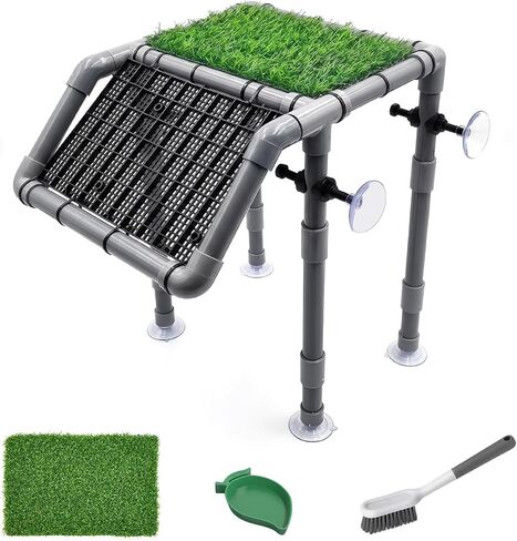Large Turtle Basking Platform, 13.4" Large Turtle Dock with Adjustable Height (5.9"-14.5"), Heavy Duty Screw-Fixed Suction Cups, Artificial Grass, Feeding Bowl & Brush for Aquatic Turtles in Kuwait