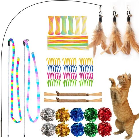 Cat Toys 40 Pack - Interactive Variety Set for Cats & Kittens with Cat Wand Toys, Feather Toys, Crinkle Balls, Springs & Silvervine Sticks to Reduce Anxiety & Destructive Behaviour in Kuwait