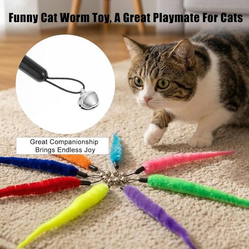 Larrel 16PCS Cat Worm Toy Replacement, Cat Wand Toy Accessories, Soft Worm Cats Toys Teaser with Bell, Fuzzy Worms Toys Attachments Replacements for Indoor Cats and Kitten (8 Colors) in Kuwait