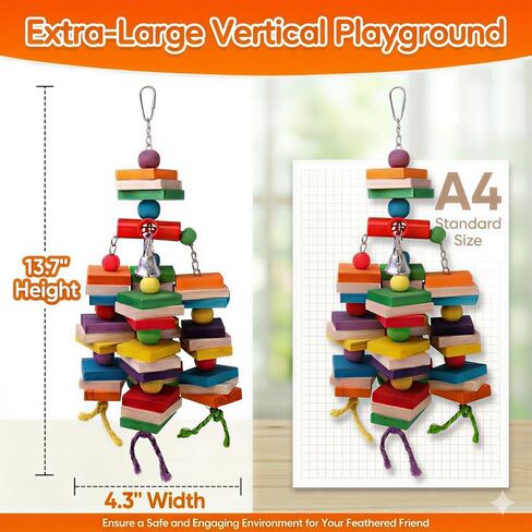 Durable Large Bird Toys for Conures & Cockatiels, 13.7" Interactive Hardwood Chewing Toy with 0.4" Thick Blocks, Heavy-Duty Cage Enrichment for Medium Parrots, Natural Sisal Shredder in Kuwait