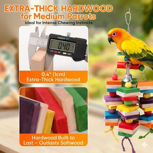 Durable Large Bird Toys for Conures & Cockatiels, 13.7" Interactive Hardwood Chewing Toy with 0.4" Thick Blocks, Heavy-Duty Cage Enrichment for Medium Parrots, Natural Sisal Shredder in Kuwait