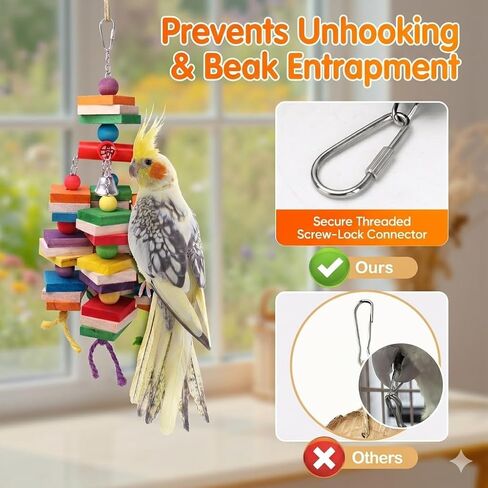 Durable Large Bird Toys for Conures & Cockatiels, 13.7" Interactive Hardwood Chewing Toy with 0.4" Thick Blocks, Heavy-Duty Cage Enrichment for Medium Parrots, Natural Sisal Shredder in Kuwait