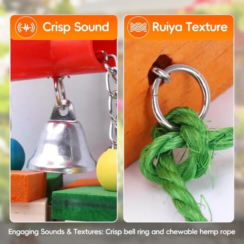 Durable Large Bird Toys for Conures & Cockatiels, 13.7" Interactive Hardwood Chewing Toy with 0.4" Thick Blocks, Heavy-Duty Cage Enrichment for Medium Parrots, Natural Sisal Shredder in Kuwait