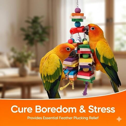 Durable Large Bird Toys for Conures & Cockatiels, 13.7" Interactive Hardwood Chewing Toy with 0.4" Thick Blocks, Heavy-Duty Cage Enrichment for Medium Parrots, Natural Sisal Shredder in Kuwait