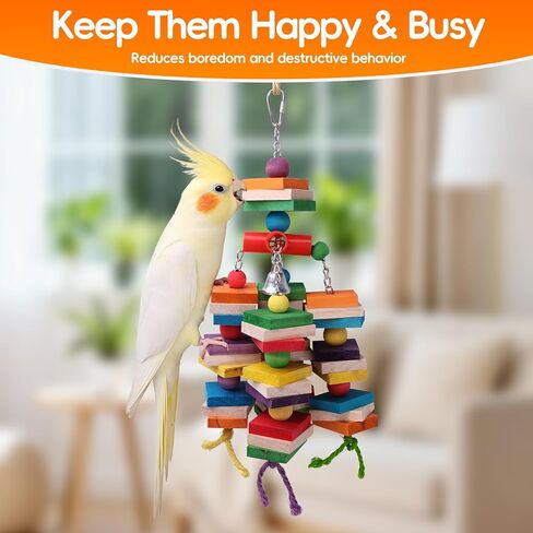 Durable Large Bird Toys for Conures & Cockatiels, 13.7" Interactive Hardwood Chewing Toy with 0.4" Thick Blocks, Heavy-Duty Cage Enrichment for Medium Parrots, Natural Sisal Shredder in Kuwait