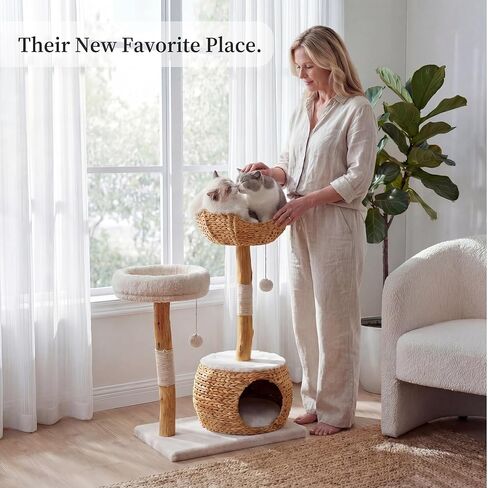 Leo & Lexi Modern Cat Tree Tower with Cave, Real Wood Cat Scratching Post with Bed for Indoor Cats Large Adult, Solid Wooden Climbing Tower, Cute Condo, Aesthetic Stand, Boho Luxury Pet Furniture in Kuwait