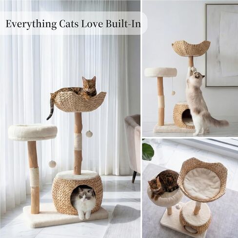 Leo & Lexi Modern Cat Tree Tower with Cave, Real Wood Cat Scratching Post with Bed for Indoor Cats Large Adult, Solid Wooden Climbing Tower, Cute Condo, Aesthetic Stand, Boho Luxury Pet Furniture in Kuwait