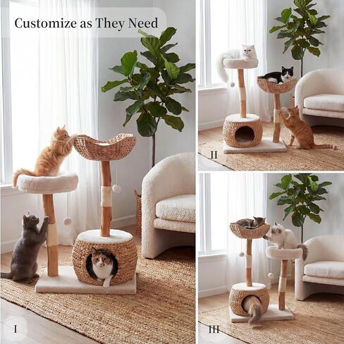 Leo & Lexi Modern Cat Tree Tower with Cave, Real Wood Cat Scratching Post with Bed for Indoor Cats Large Adult, Solid Wooden Climbing Tower, Cute Condo, Aesthetic Stand, Boho Luxury Pet Furniture in Kuwait