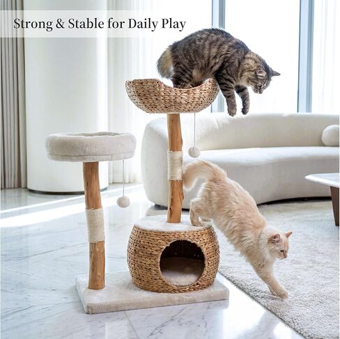 Leo & Lexi Modern Cat Tree Tower with Cave, Real Wood Cat Scratching Post with Bed for Indoor Cats Large Adult, Solid Wooden Climbing Tower, Cute Condo, Aesthetic Stand, Boho Luxury Pet Furniture in Kuwait