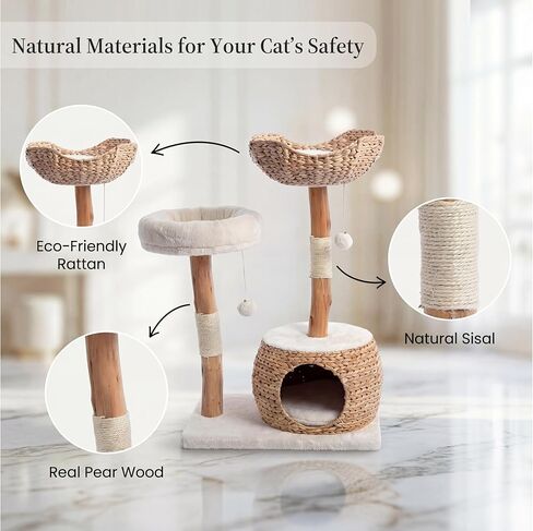 Leo & Lexi Modern Cat Tree Tower with Cave, Real Wood Cat Scratching Post with Bed for Indoor Cats Large Adult, Solid Wooden Climbing Tower, Cute Condo, Aesthetic Stand, Boho Luxury Pet Furniture in Kuwait