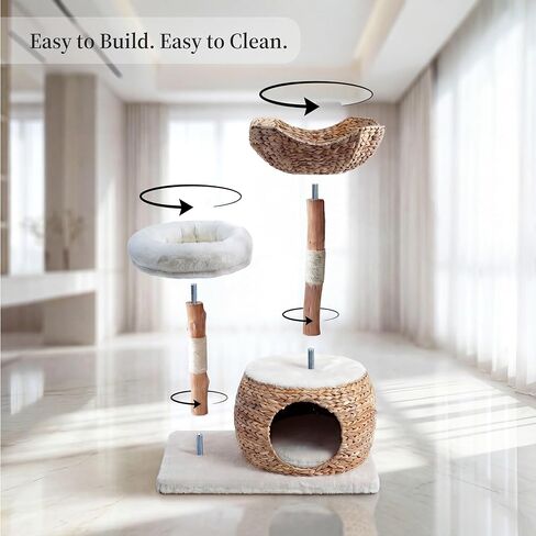 Leo & Lexi Modern Cat Tree Tower with Cave, Real Wood Cat Scratching Post with Bed for Indoor Cats Large Adult, Solid Wooden Climbing Tower, Cute Condo, Aesthetic Stand, Boho Luxury Pet Furniture in Kuwait