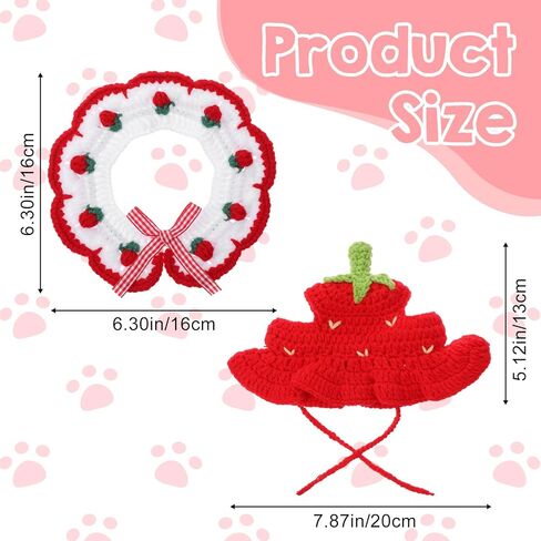 2pcs Cat Collar Breakaway Cute Knitted Strawberry Cats Hat and Collar Adjustable Knitted Kitten Collars for Girl Cats Soft Comfortable Pet Cap for Kittens and Small Puppies Party Decoration in Kuwait