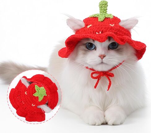 2pcs Cat Collar Breakaway Cute Knitted Strawberry Cats Hat and Collar Adjustable Knitted Kitten Collars for Girl Cats Soft Comfortable Pet Cap for Kittens and Small Puppies Party Decoration in Kuwait
