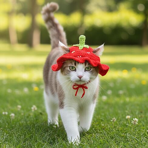 2pcs Cat Collar Breakaway Cute Knitted Strawberry Cats Hat and Collar Adjustable Knitted Kitten Collars for Girl Cats Soft Comfortable Pet Cap for Kittens and Small Puppies Party Decoration in Kuwait