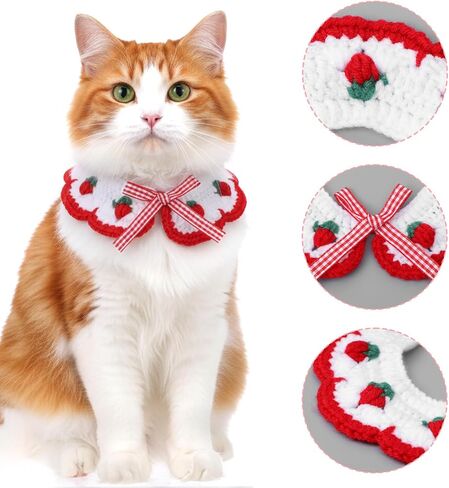 2pcs Cat Collar Breakaway Cute Knitted Strawberry Cats Hat and Collar Adjustable Knitted Kitten Collars for Girl Cats Soft Comfortable Pet Cap for Kittens and Small Puppies Party Decoration in Kuwait