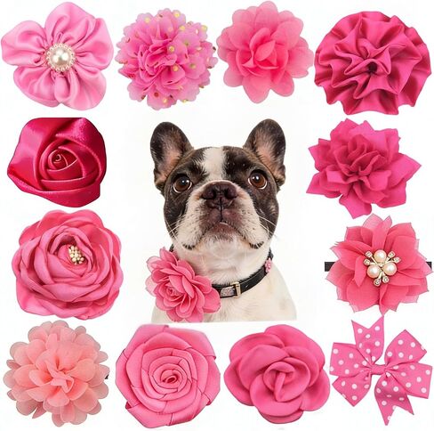 12 Pcs Pink Dog Collar Flowers Detachable Embellishment Elastic Rubber Band Soft Chiffon Pet Collar Charms for Female Dogs Cats Wedding Birthday Parties Grooming in Kuwait