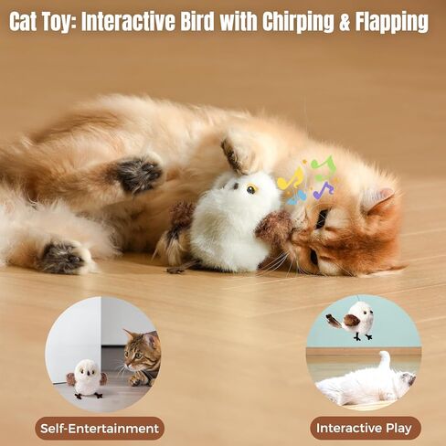 Cat Toys Flapping Bird Titmouse, Interactive Cat Kicker with 3 Modes, Touch Activated, Catnip Pouch, USB Rechargeable, Washable Plush Cover for Indoor Cats in Kuwait