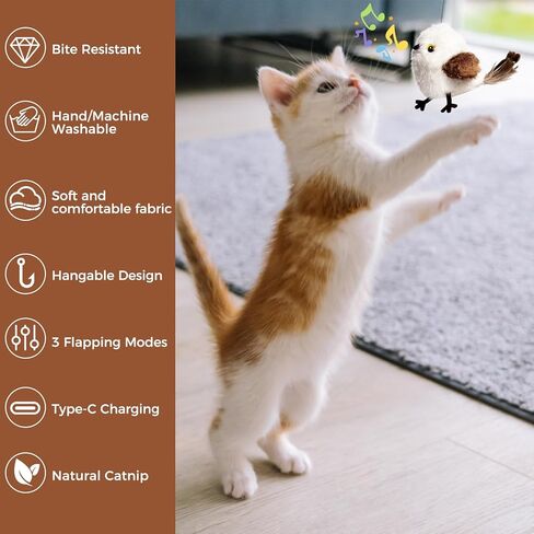 Cat Toys Flapping Bird Titmouse, Interactive Cat Kicker with 3 Modes, Touch Activated, Catnip Pouch, USB Rechargeable, Washable Plush Cover for Indoor Cats in Kuwait