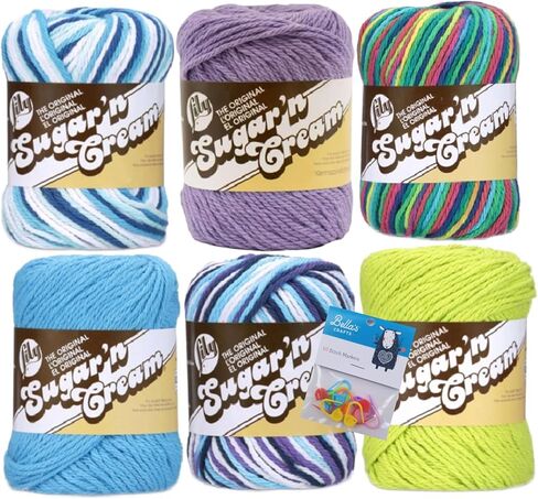 Lily Sugar'n Cream 100% Cotton Yarn 6-Pack Bundle with Bella's Crafts Stitch Markers (2020 Summer 6-Pack) in Saudi Arabia