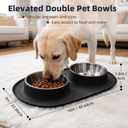 Double Stainless Steel Cat Food Bowls with Non-Slip Silicone Mat, Double Pet Feeder for Food & Water, Spill Proof Cat Dish Set for Small Medium Dogs & Cats, 1.5 Cups Each Bowl, Black Mediun in Saudi Arabia