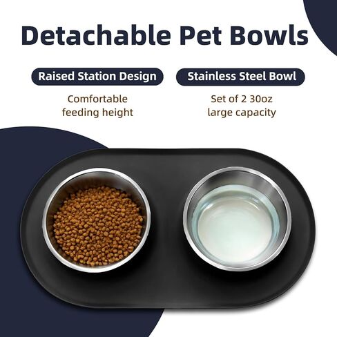 Double Stainless Steel Cat Food Bowls with Non-Slip Silicone Mat, Double Pet Feeder for Food & Water, Spill Proof Cat Dish Set for Small Medium Dogs & Cats, 1.5 Cups Each Bowl, Black Mediun in Saudi Arabia