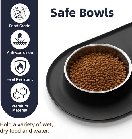 Double Stainless Steel Cat Food Bowls with Non-Slip Silicone Mat, Double Pet Feeder for Food & Water, Spill Proof Cat Dish Set for Small Medium Dogs & Cats, 1.5 Cups Each Bowl, Black Mediun in Saudi Arabia