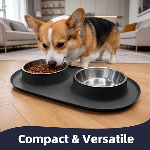 Double Stainless Steel Cat Food Bowls with Non-Slip Silicone Mat, Double Pet Feeder for Food & Water, Spill Proof Cat Dish Set for Small Medium Dogs & Cats, 1.5 Cups Each Bowl, Black Mediun in Saudi Arabia
