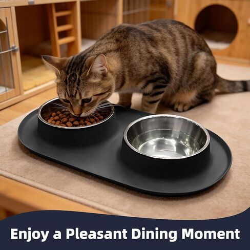 Double Stainless Steel Cat Food Bowls with Non-Slip Silicone Mat, Double Pet Feeder for Food & Water, Spill Proof Cat Dish Set for Small Medium Dogs & Cats, 1.5 Cups Each Bowl, Black Mediun in Saudi Arabia