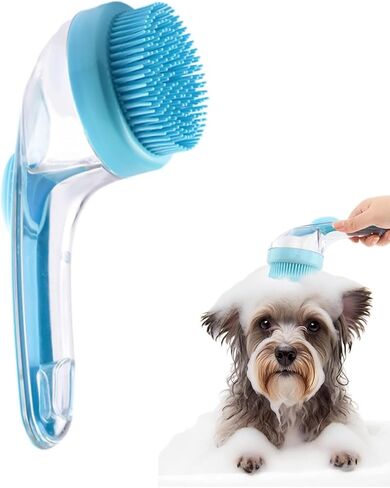 Dog Bath Brush, 2 in 1 Pet Grooming Bath Massage Brush with Soap and Shampoo Dispenser Soft Silicone Bristle Dog Scrubber for Long Short Haired Dogs Cats Shower-Blue in Kuwait