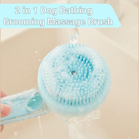 Dog Bath Brush, 2 in 1 Pet Grooming Bath Massage Brush with Soap and Shampoo Dispenser Soft Silicone Bristle Dog Scrubber for Long Short Haired Dogs Cats Shower-Blue in Kuwait