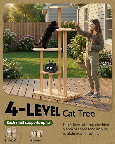 60" Tall Outdoor Cat Tree, Cat Tower Weatherproof for Patio,Garden,Balcony, Durable 4-Tier Natural Wood w/Scratching Posts for Multiple Cats,Outside&Indoor Adult Cats and Kittens Play, Climbing in Kuwait