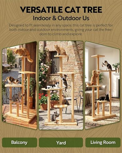 60" Tall Outdoor Cat Tree, Cat Tower Weatherproof for Patio,Garden,Balcony, Durable 4-Tier Natural Wood w/Scratching Posts for Multiple Cats,Outside&Indoor Adult Cats and Kittens Play, Climbing in Kuwait
