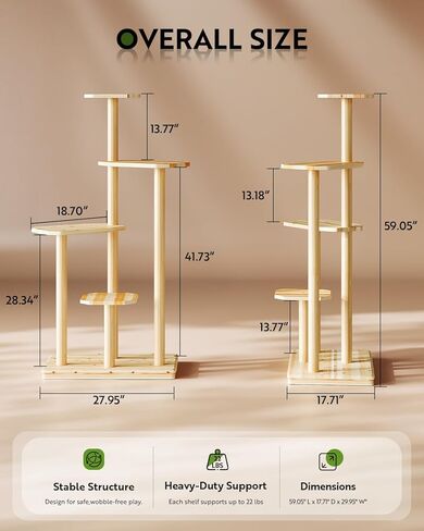 60" Tall Outdoor Cat Tree, Cat Tower Weatherproof for Patio,Garden,Balcony, Durable 4-Tier Natural Wood w/Scratching Posts for Multiple Cats,Outside&Indoor Adult Cats and Kittens Play, Climbing in Kuwait