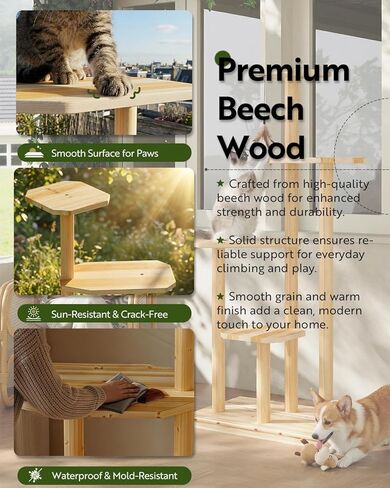60" Tall Outdoor Cat Tree, Cat Tower Weatherproof for Patio,Garden,Balcony, Durable 4-Tier Natural Wood w/Scratching Posts for Multiple Cats,Outside&Indoor Adult Cats and Kittens Play, Climbing in Kuwait