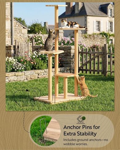 60" Tall Outdoor Cat Tree, Cat Tower Weatherproof for Patio,Garden,Balcony, Durable 4-Tier Natural Wood w/Scratching Posts for Multiple Cats,Outside&Indoor Adult Cats and Kittens Play, Climbing in Kuwait