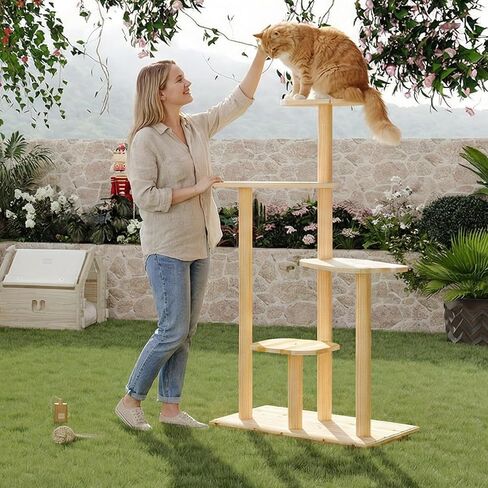 60" Tall Outdoor Cat Tree, Cat Tower Weatherproof for Patio,Garden,Balcony, Durable 4-Tier Natural Wood w/Scratching Posts for Multiple Cats,Outside&Indoor Adult Cats and Kittens Play, Climbing in Kuwait