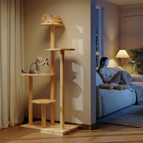 60" Tall Outdoor Cat Tree, Cat Tower Weatherproof for Patio,Garden,Balcony, Durable 4-Tier Natural Wood w/Scratching Posts for Multiple Cats,Outside&Indoor Adult Cats and Kittens Play, Climbing in Kuwait
