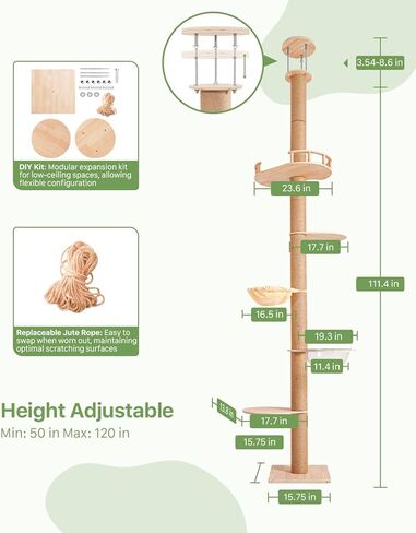 Floor-to-Ceiling Cat Tree Height Adjustable (50-120in) | 5-Level Heavy Duty Cat Activity Center with Scratching Posts, Jump Platforms, Hammock | Space-Saving Tall Cat Tower for Indoor Cats in Kuwait